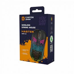 Canyon 7keys Gaming 2.4G wireless mouse, KA8 sensor, DPI up to 1600, rubber coating on panel, Huano 1million switch, 45cm PVC cable, ABS material. 400mAh battery, size: 125.8*63.7*41mm, weight: 95g, B