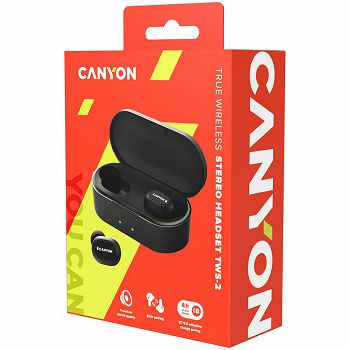 Canyon TWS-2 Bluetooth sport headset, with microphone, BT V5.0, RTL8763BFR, battery EarBud 43mAh*2+Charging Case 800mAh, cable length 0.18m, 78*38*32mm, 0.063kg, Black