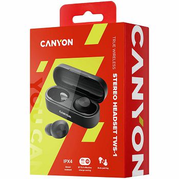 Canyon TWS-1 Bluetooth headset, with microphone, BT V5.0, Bluetrum AB5376A2, battery EarBud 45mAh*2+Charging Case 300mAh, cable length 0.3m, 66*28*24mm, 0.04kg, Black