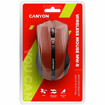 CANYON MW-5 2.4GHz wireless Optical Mouse with 4 buttons, DPI 800/1200/1600, Red, 122*69*40mm, 0.067kg