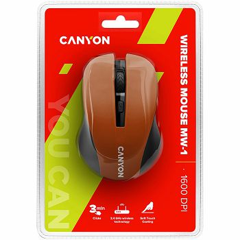 CANYON MW-1 2.4GHz wireless optical mouse with 4 buttons, DPI 800/1200/1600, Orange, 103.5*69.5*35mm, 0.06kg