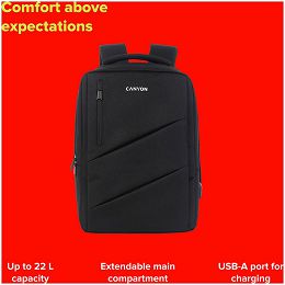CANYON BPE-5, Laptop backpack for 15.6 inch, Product spec/size(mm): 400MM x300MM x 120MM(+60MM),Black, EXTERIOR materials:100% Polyester, Inner materials:100% Polyestermax weight (KGS): 12kg