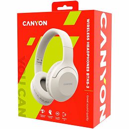CANYON BTHS-3, Bluetooth headset,with microphone, BT V5.1 JL6956, battery 300mAh, Type-C charging plug, PU material, size:168*190*78mm, charging cable 30cm and audio cable 100cm, Beige
