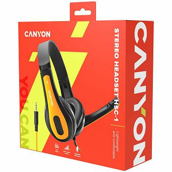 CANYON entry price PC headset, combined 3,5 plug, leather pads, Black-yellow