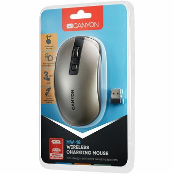 2.4GHz Wireless Rechargeable Mouse with Pixart sensor, 4keys, Silent switch for right/left keys,DPI: 800/1200/1600, Max. usage 50 hours for one time full charged, 300mAh Li-poly battery, Dark grey, ca