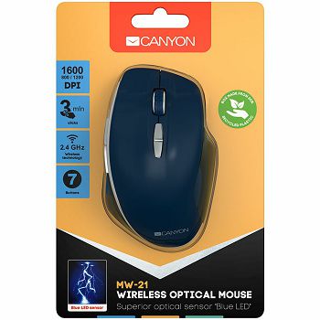 Canyon  2.4 GHz  Wireless mouse ,with 7 buttons, DPI 800/1200/1600, Battery: AAA*2pcs,Blue,72*117*41mm, 0.075kg