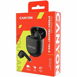 Canyon TWS-6 Bluetooth headset, with microphone, BT V5.3 JL 6976D4, Frequence Response:20Hz-20kHz, battery EarBud 30mAh*2+Charging Case 400mAh, type-C cable length 0.24m, Size: 64*48*26mm, 0.040kg, Bl