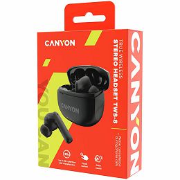 Canyon TWS-8 Bluetooth headset, with microphone, with ENC, BT V5.3 JL 6976D4, Frequence Response:20Hz-20kHz, battery EarBud 40mAh*2+Charging Case 470mAh, type-C cable length 0.24m, Size: 59*48.8*25.5m