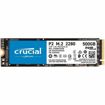 CRUCIAL P2 500GB SSD, M.2 2280, PCIe Gen3 x4, Read/Write: 2300/940 MB/s, Random Read/Write IOPS: 95K/215K
