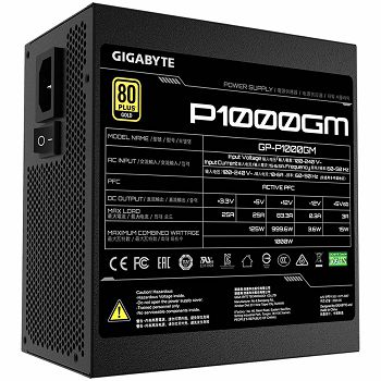 GIGABYTE P1000GM Power Supply 1000W, Modular, 80 PLUS Gold, Japanese capacitors, 120mm smart control fan, EU plug