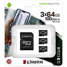 Kingston 64GB micSDXC Canvas Select Plus 100R A1 C10 Three Pack + Single ADP EAN: 740617299007